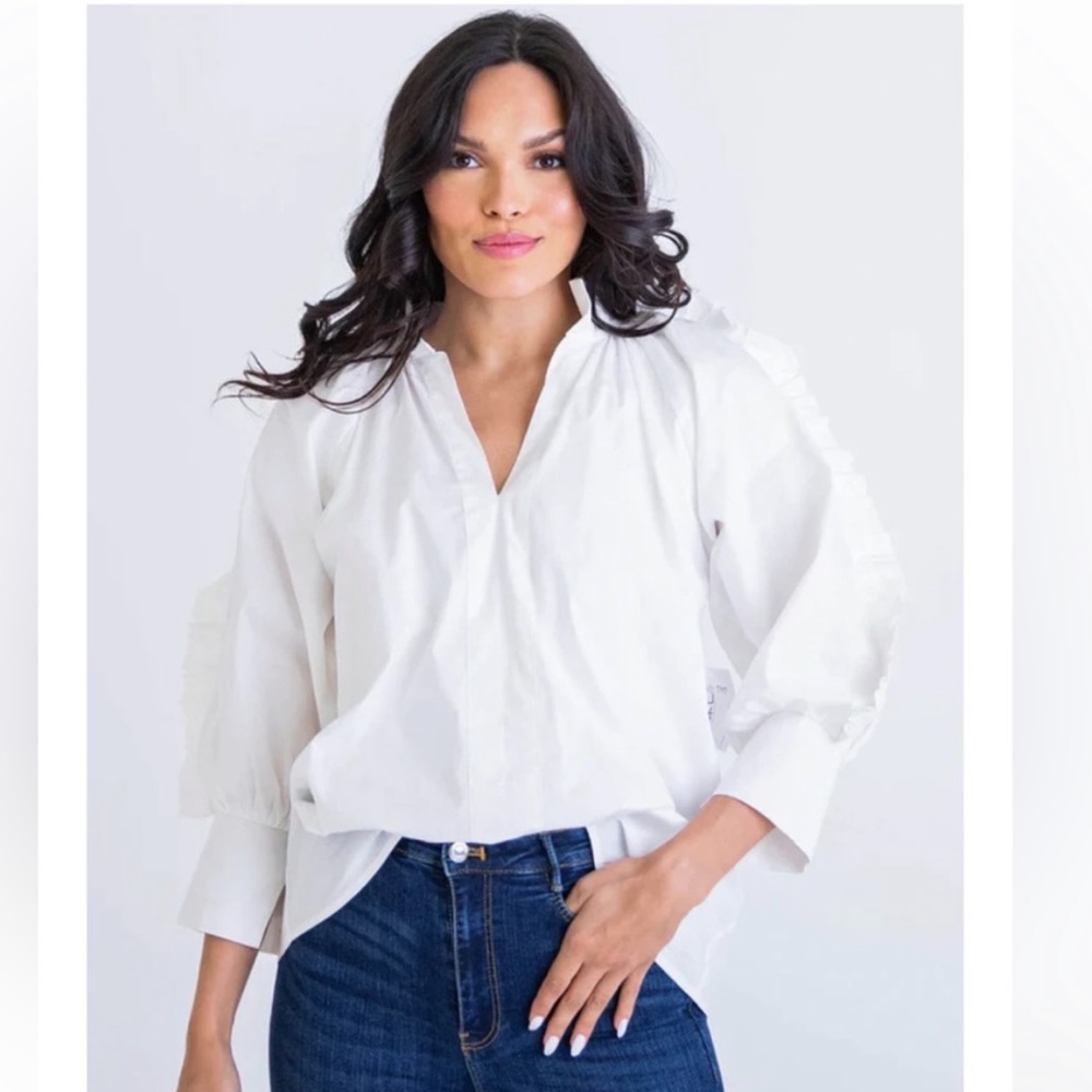 KARLIE Poplin Ruffle Sleeve Top in White